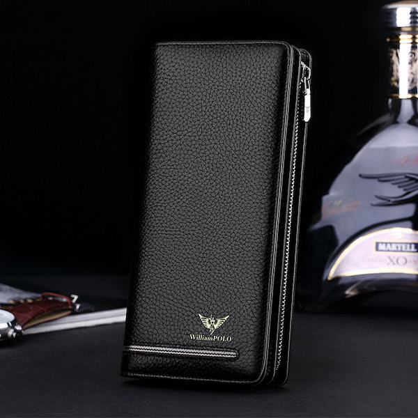 WILLIAMPOLO Latest Trendy & Luxury Men's Black-Lychee Leather Long
